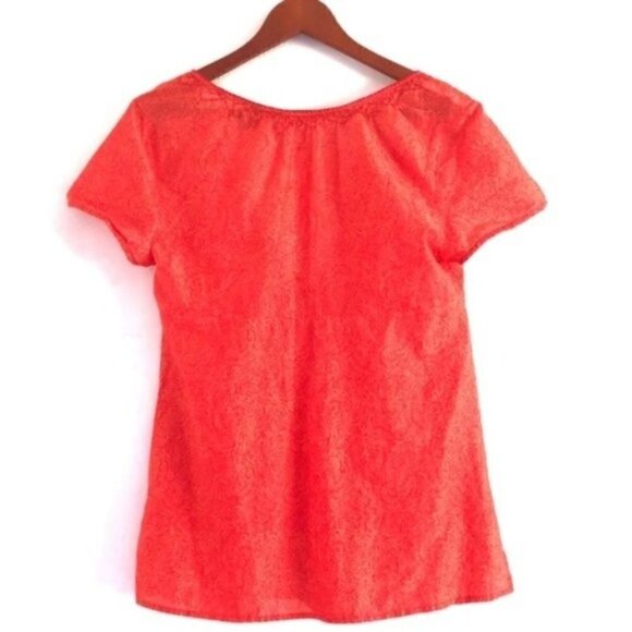 Eddie Bauer Blouse M Short Sleeves Pattern Semi-Sheer V-Neck Peasant Orange Boho - Picture 9 of 11